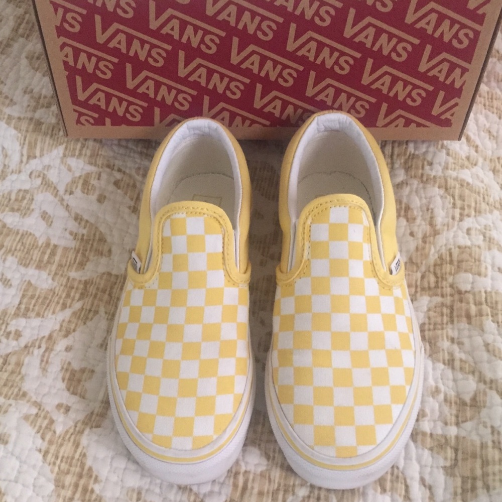 Girls Yellow and White Checked Vans Slip On